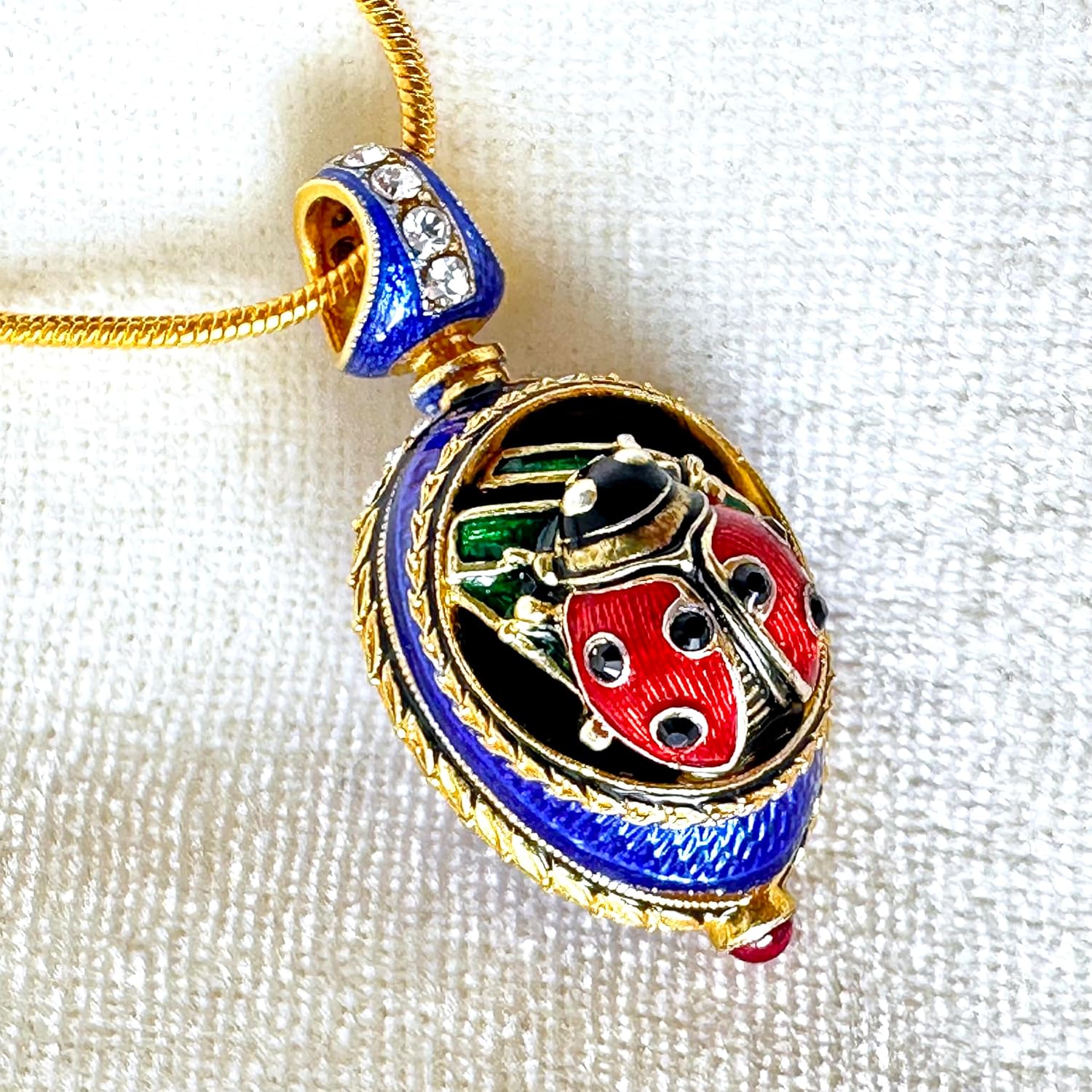Ladybug Necklace Good Luck Guilloché Blue Enamel Egg Pendant Sterling Silver Crystals Genuine Garnet Gold Plate 24 inch Chain