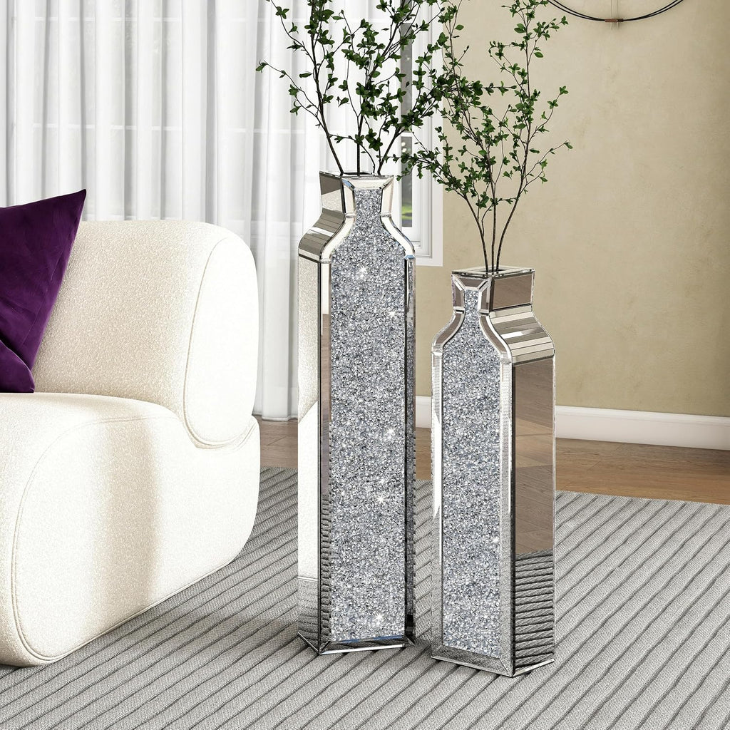 SHYFOY Floor Vase Crushed Diamond Mirrored Vase - Silver Floor Standing Vases Set of 2-24' & 30' Large Crystal Tall Vases for Living Room Dining Bedroom Home Corner Hallway Indoor Office Floor